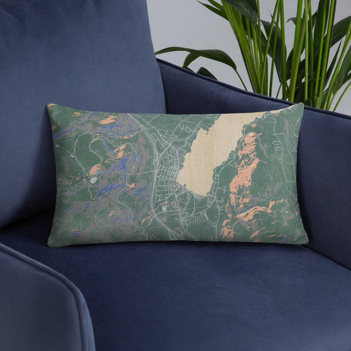 Custom Lake George New York Map Throw Pillow in Afternoon on Blue Colored Chair