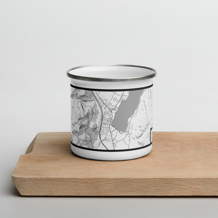 Front View Custom Lake George New York Map Enamel Mug in Classic on Cutting Board