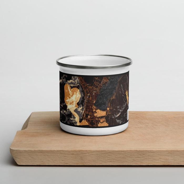 Front View Custom Lake George New York Map Enamel Mug in Ember on Cutting Board