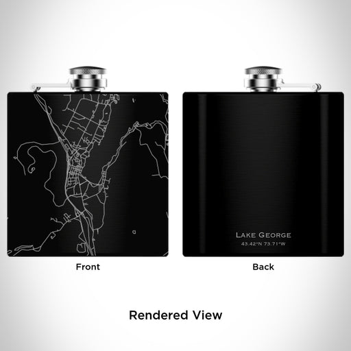 Rendered View of Lake George New York Map Engraving on 6oz Stainless Steel Flask in Black