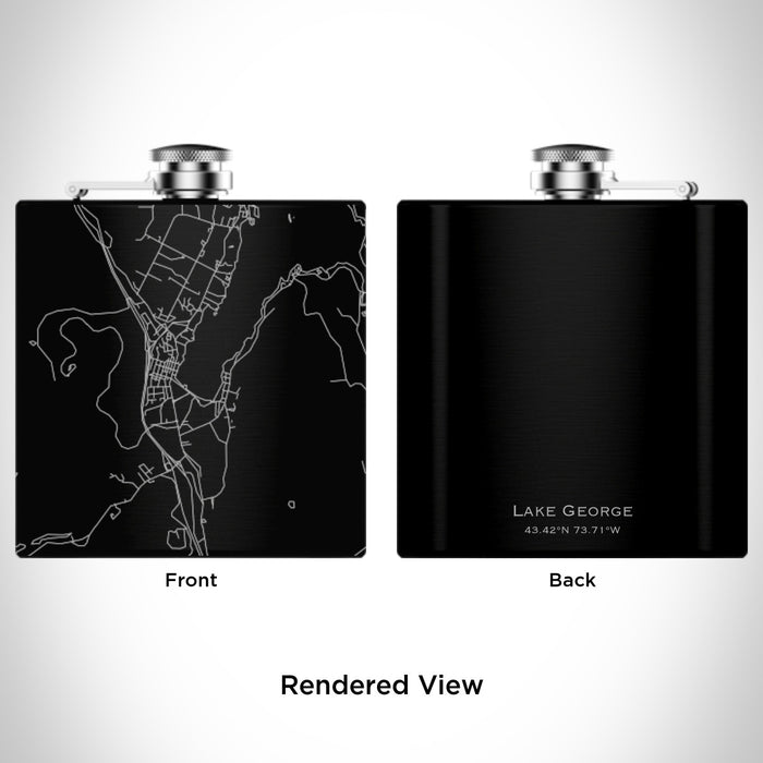 Rendered View of Lake George New York Map Engraving on 6oz Stainless Steel Flask in Black