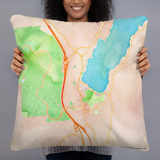 Person holding 22x22 Custom Lake George New York Map Throw Pillow in Watercolor
