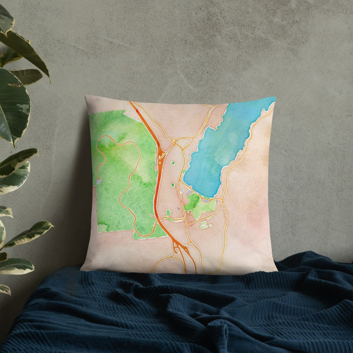 Custom Lake George New York Map Throw Pillow in Watercolor on Bedding Against Wall