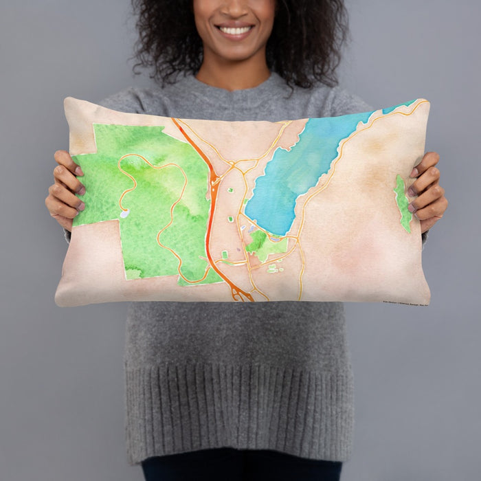 Person holding 20x12 Custom Lake George New York Map Throw Pillow in Watercolor