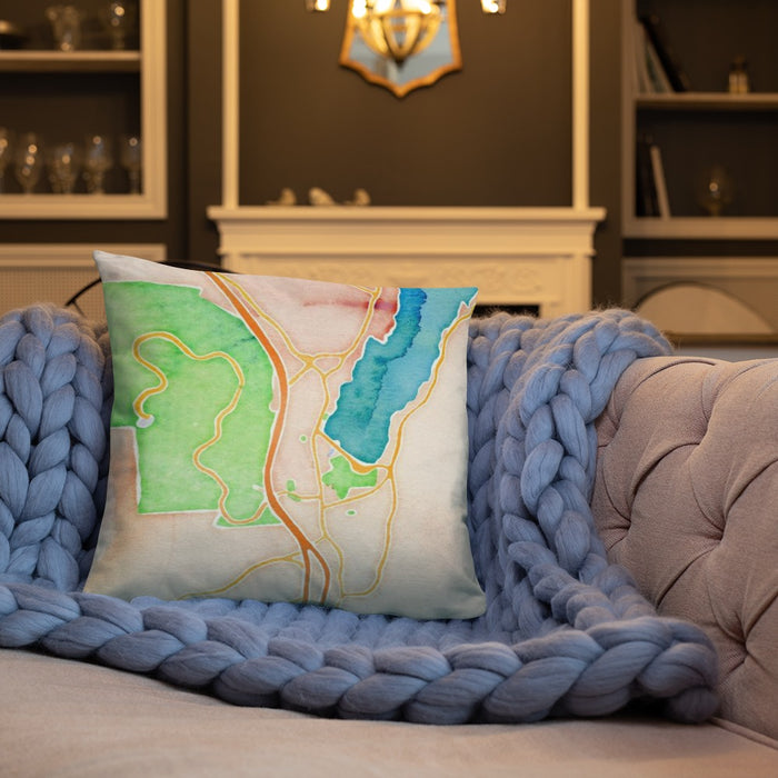 Custom Lake George New York Map Throw Pillow in Watercolor on Cream Colored Couch