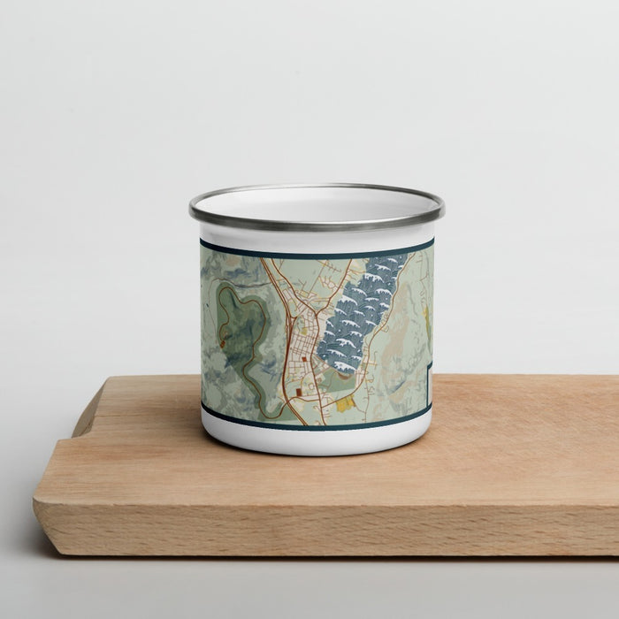 Front View Custom Lake George New York Map Enamel Mug in Woodblock on Cutting Board
