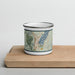 Front View Custom Lake George New York Map Enamel Mug in Woodblock on Cutting Board