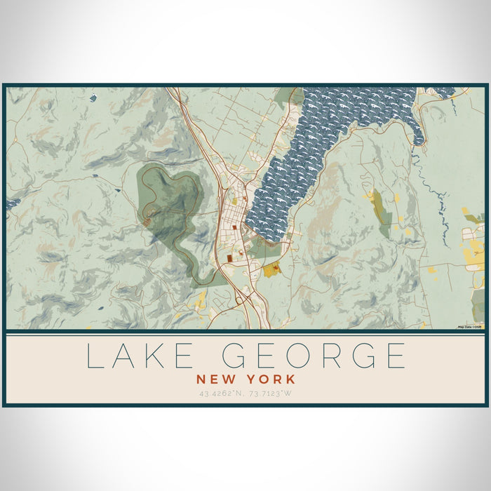 Lake George New York Map Print Landscape Orientation in Woodblock Style With Shaded Background