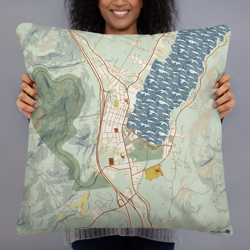 Person holding 22x22 Custom Lake George New York Map Throw Pillow in Woodblock