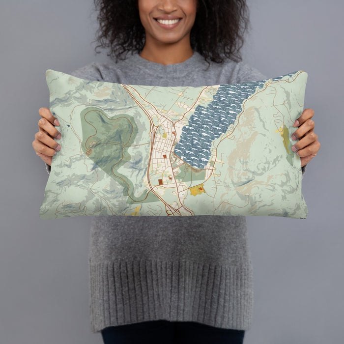 Person holding 20x12 Custom Lake George New York Map Throw Pillow in Woodblock