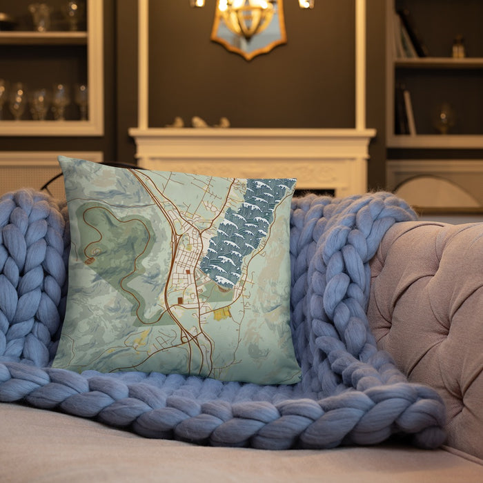 Custom Lake George New York Map Throw Pillow in Woodblock on Cream Colored Couch