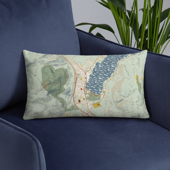 Custom Lake George New York Map Throw Pillow in Woodblock on Blue Colored Chair
