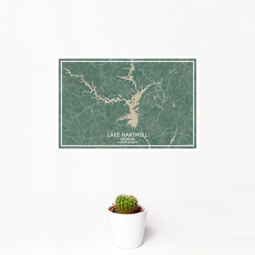 12x18 Lake Hartwell Georgia Map Print Landscape Orientation in Afternoon Style With Small Cactus Plant in White Planter