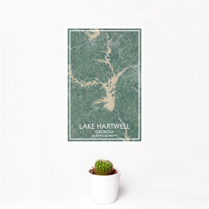 12x18 Lake Hartwell Georgia Map Print Portrait Orientation in Afternoon Style With Small Cactus Plant in White Planter