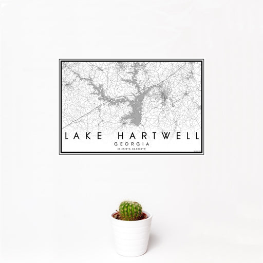 12x18 Lake Hartwell Georgia Map Print Landscape Orientation in Classic Style With Small Cactus Plant in White Planter
