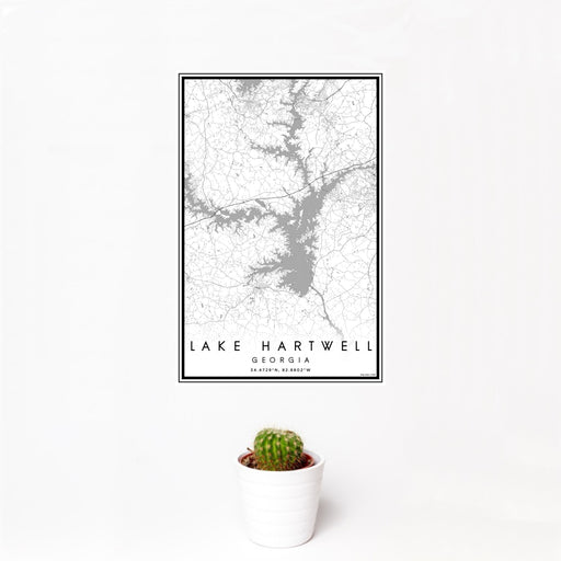 12x18 Lake Hartwell Georgia Map Print Portrait Orientation in Classic Style With Small Cactus Plant in White Planter