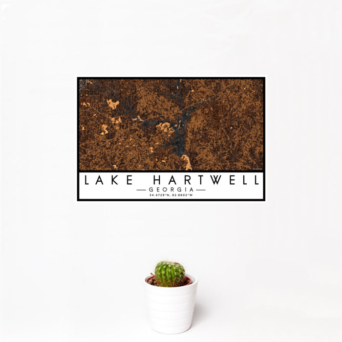 12x18 Lake Hartwell Georgia Map Print Landscape Orientation in Ember Style With Small Cactus Plant in White Planter