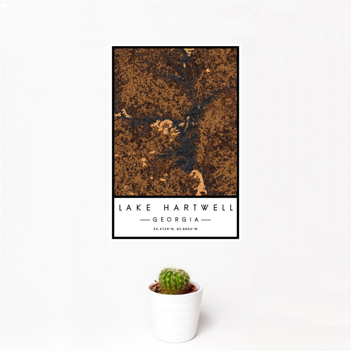 12x18 Lake Hartwell Georgia Map Print Portrait Orientation in Ember Style With Small Cactus Plant in White Planter