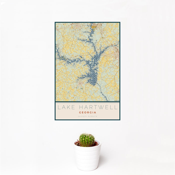 12x18 Lake Hartwell Georgia Map Print Portrait Orientation in Woodblock Style With Small Cactus Plant in White Planter