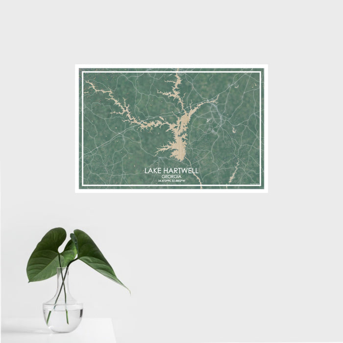 16x24 Lake Hartwell Georgia Map Print Landscape Orientation in Afternoon Style With Tropical Plant Leaves in Water