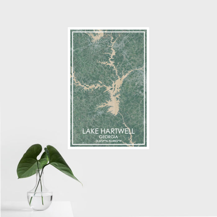 16x24 Lake Hartwell Georgia Map Print Portrait Orientation in Afternoon Style With Tropical Plant Leaves in Water