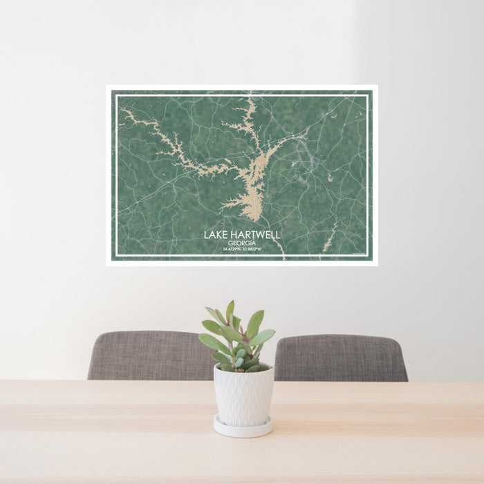 24x36 Lake Hartwell Georgia Map Print Lanscape Orientation in Afternoon Style Behind 2 Chairs Table and Potted Plant