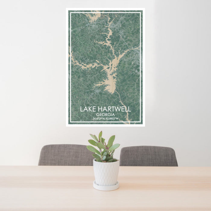 24x36 Lake Hartwell Georgia Map Print Portrait Orientation in Afternoon Style Behind 2 Chairs Table and Potted Plant