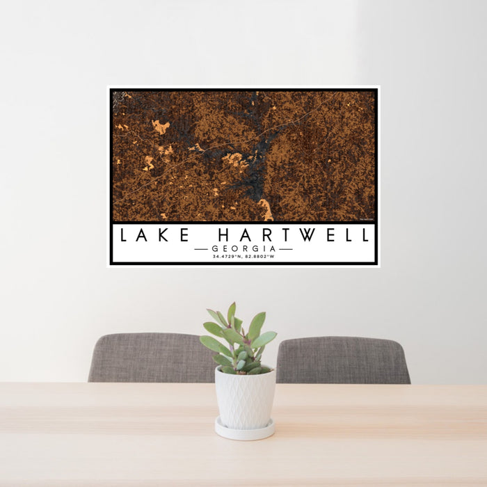 24x36 Lake Hartwell Georgia Map Print Lanscape Orientation in Ember Style Behind 2 Chairs Table and Potted Plant