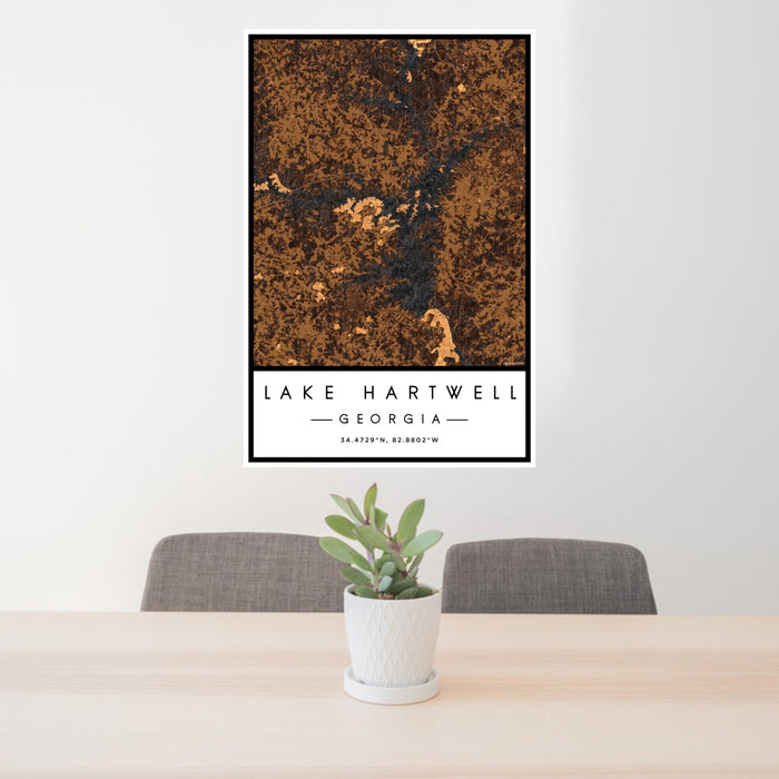 24x36 Lake Hartwell Georgia Map Print Portrait Orientation in Ember Style Behind 2 Chairs Table and Potted Plant