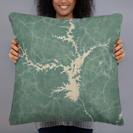 Person holding 22x22 Custom Lake Hartwell Georgia Map Throw Pillow in Afternoon