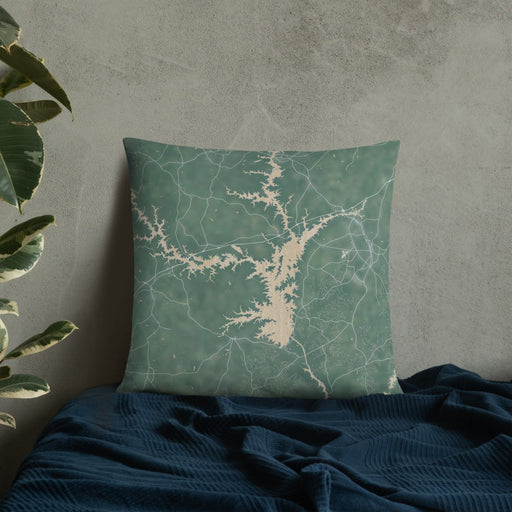 Custom Lake Hartwell Georgia Map Throw Pillow in Afternoon on Bedding Against Wall