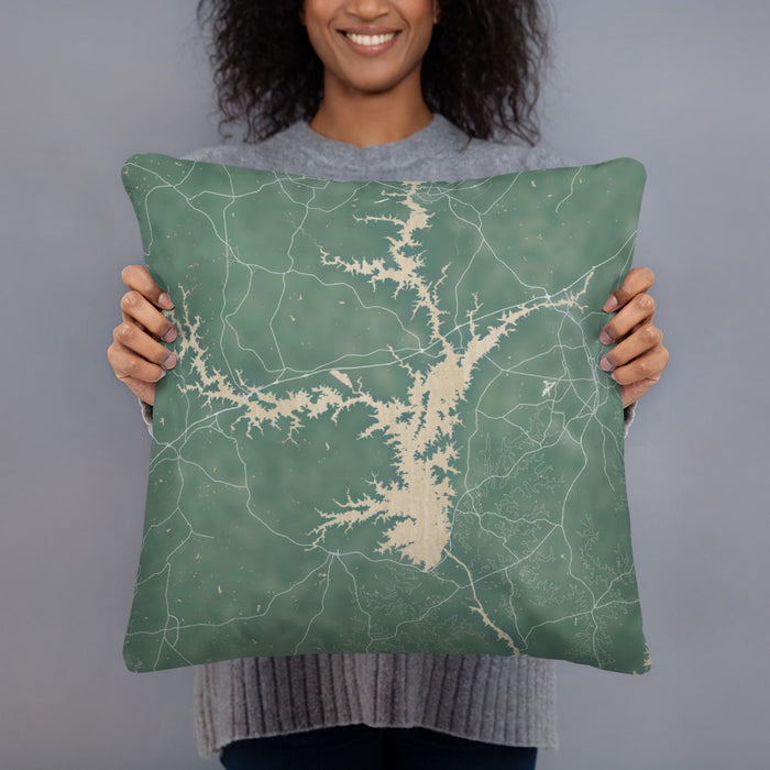 Person holding 18x18 Custom Lake Hartwell Georgia Map Throw Pillow in Afternoon