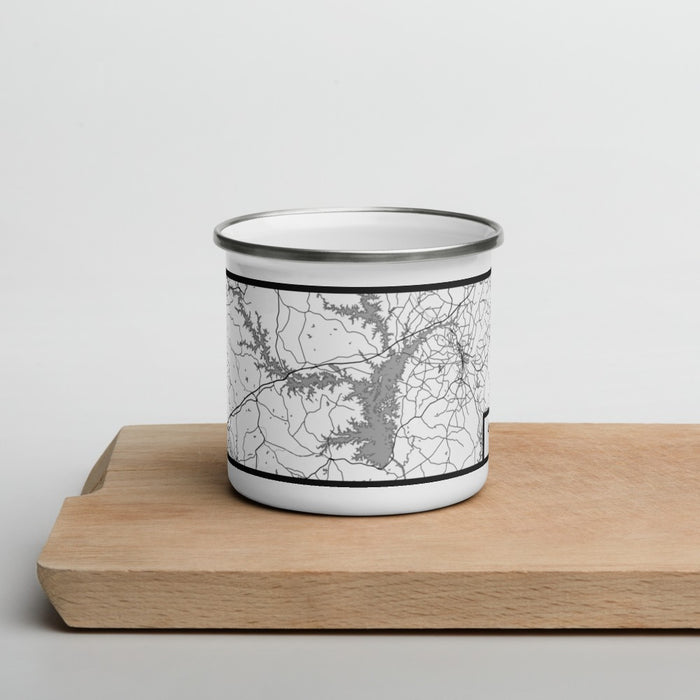 Front View Custom Lake Hartwell Georgia Map Enamel Mug in Classic on Cutting Board