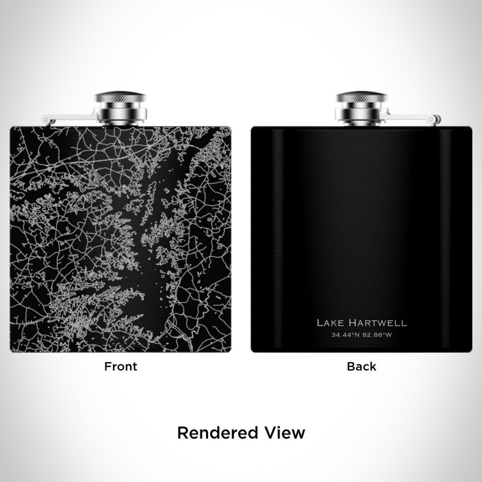 Rendered View of Lake Hartwell Georgia Map Engraving on 6oz Stainless Steel Flask in Black