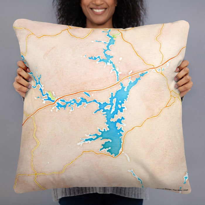 Person holding 22x22 Custom Lake Hartwell Georgia Map Throw Pillow in Watercolor