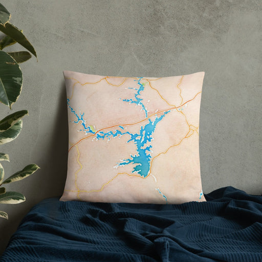 Custom Lake Hartwell Georgia Map Throw Pillow in Watercolor on Bedding Against Wall