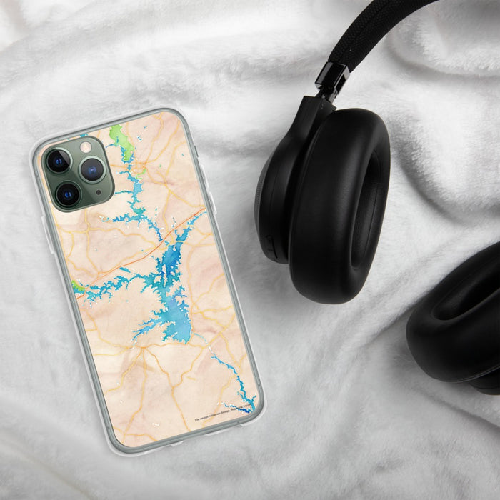 Custom Lake Hartwell Georgia Map Phone Case in Watercolor on Table with Black Headphones
