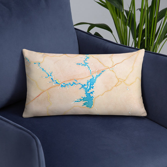 Custom Lake Hartwell Georgia Map Throw Pillow in Watercolor on Blue Colored Chair