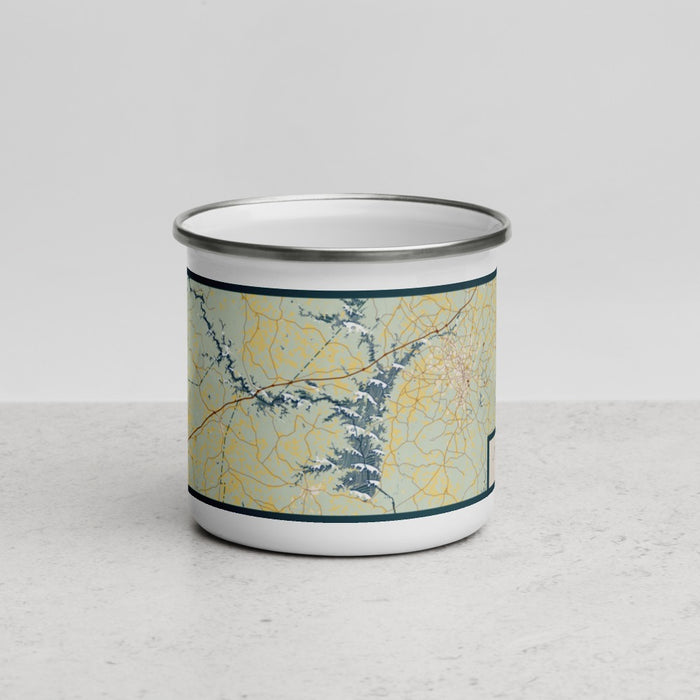 Front View Custom Lake Hartwell Georgia Map Enamel Mug in Woodblock