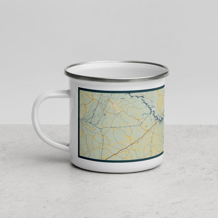 Left View Custom Lake Hartwell Georgia Map Enamel Mug in Woodblock