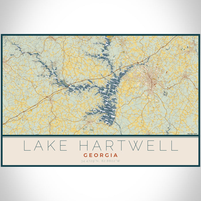 Lake Hartwell Georgia Map Print Landscape Orientation in Woodblock Style With Shaded Background