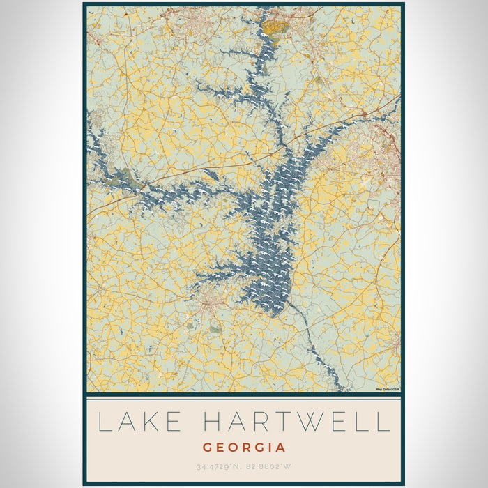 Lake Hartwell Georgia Map Print Portrait Orientation in Woodblock Style With Shaded Background