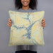 Person holding 18x18 Custom Lake Hartwell Georgia Map Throw Pillow in Woodblock