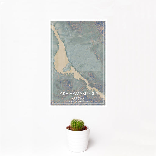 12x18 Lake Havasu City Arizona Map Print Portrait Orientation in Afternoon Style With Small Cactus Plant in White Planter