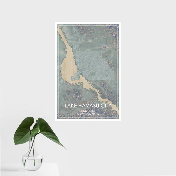 16x24 Lake Havasu City Arizona Map Print Portrait Orientation in Afternoon Style With Tropical Plant Leaves in Water