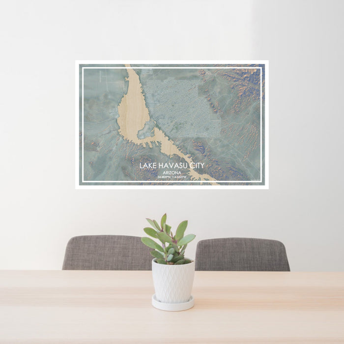 24x36 Lake Havasu City Arizona Map Print Lanscape Orientation in Afternoon Style Behind 2 Chairs Table and Potted Plant