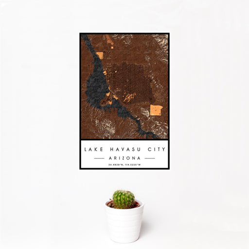 12x18 Lake Havasu City Arizona Map Print Portrait Orientation in Ember Style With Small Cactus Plant in White Planter