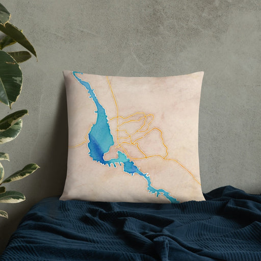 Custom Lake Havasu City Arizona Map Throw Pillow in Watercolor on Bedding Against Wall