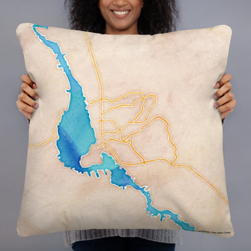 Person holding 22x22 Custom Lake Havasu City Arizona Map Throw Pillow in Watercolor