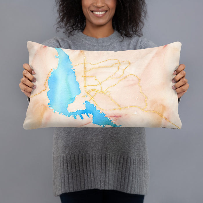 Person holding 20x12 Custom Lake Havasu City Arizona Map Throw Pillow in Watercolor